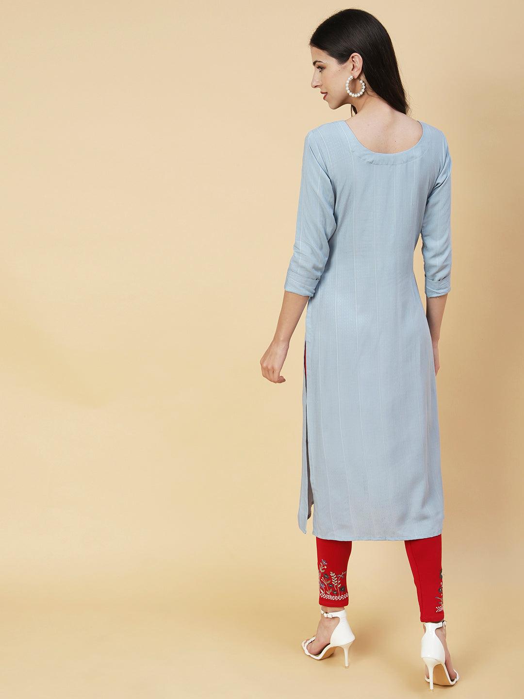 Woven Stripes & Floral Hand Embroidered Straight Fit Kurta - Powder Blue - Indiakreations