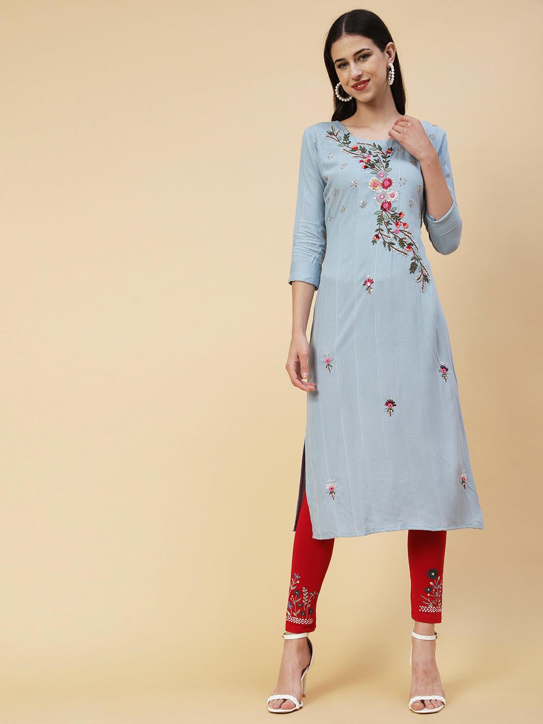 Woven Stripes & Floral Hand Embroidered Straight Fit Kurta - Powder Blue - Indiakreations