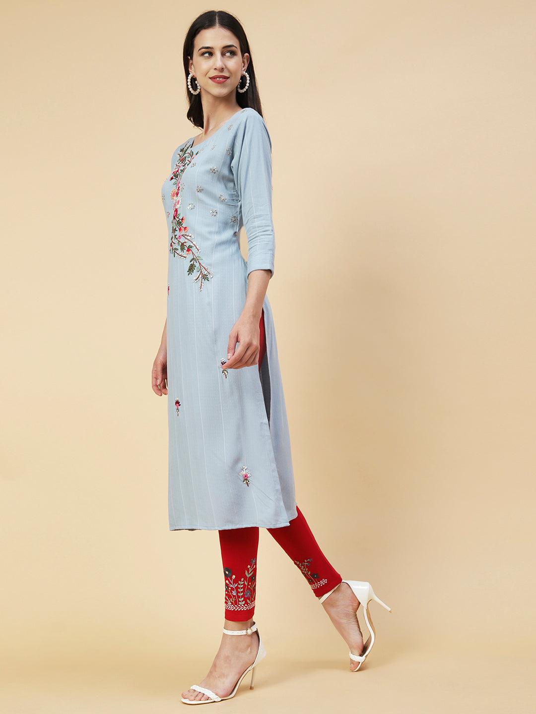 Woven Stripes & Floral Hand Embroidered Straight Fit Kurta - Powder Blue - Indiakreations