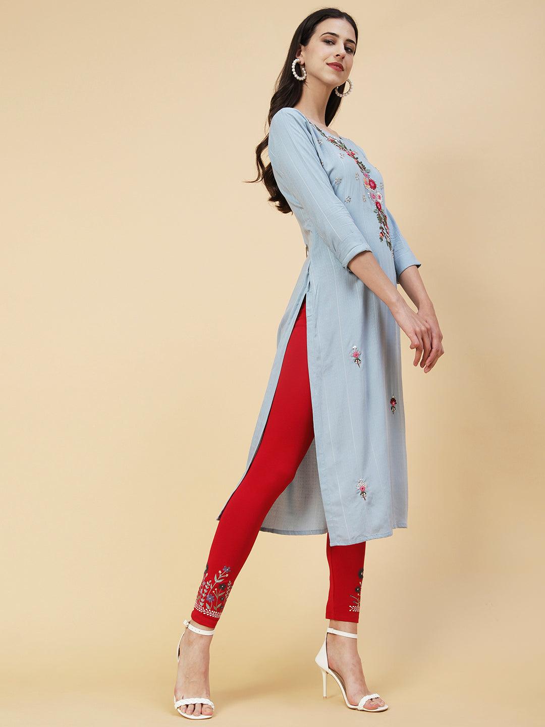 Woven Stripes & Floral Hand Embroidered Straight Fit Kurta - Powder Blue - Indiakreations