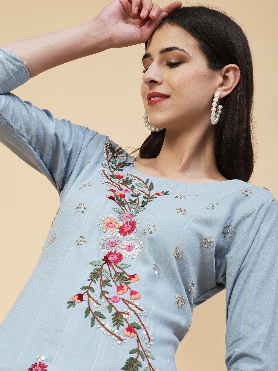 Woven Stripes & Floral Hand Embroidered Straight Fit Kurta - Powder Blue - Indiakreations