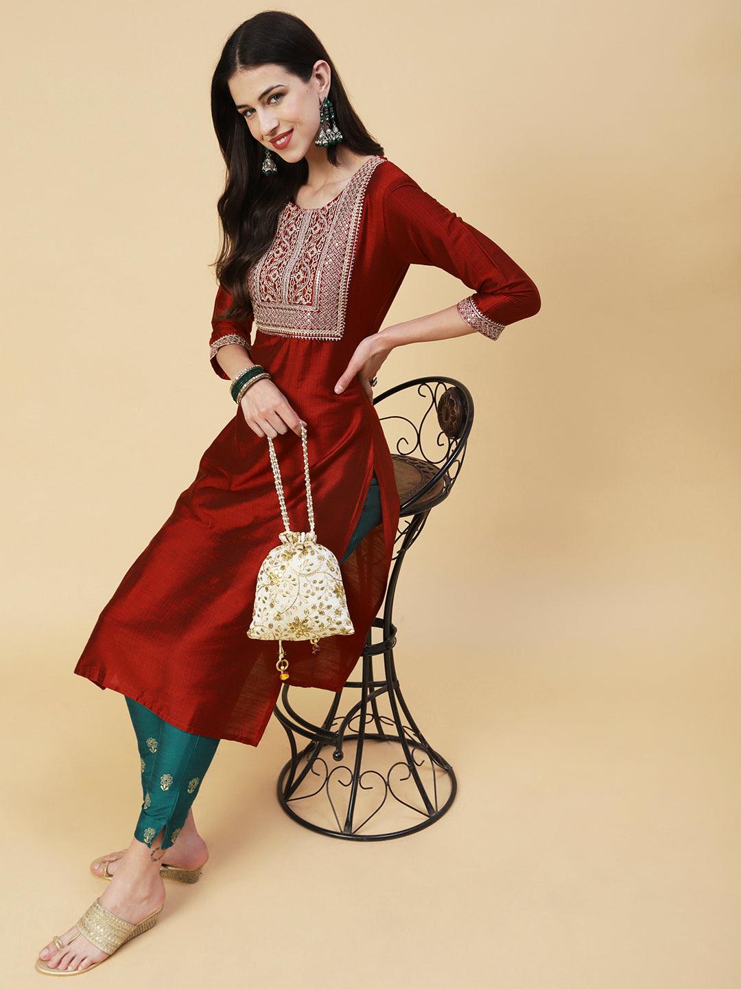 Solid Zari, Mirror & Sequins Embroidered Kurta - Red - Indiakreations