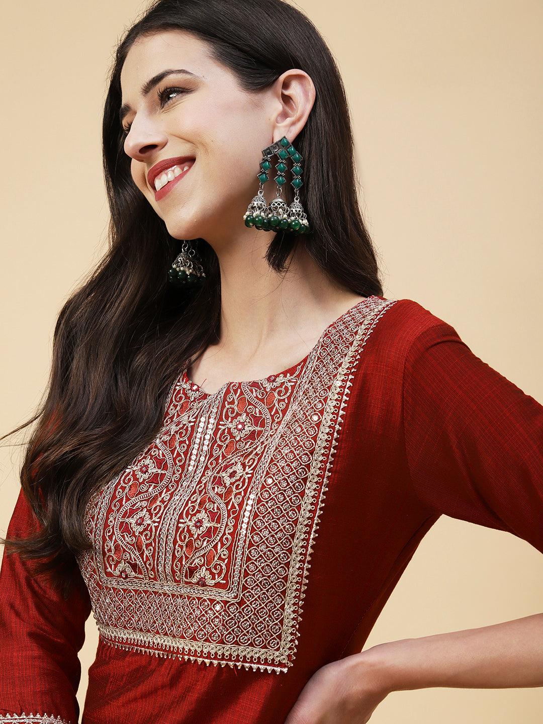 Solid Zari, Mirror & Sequins Embroidered Kurta - Red - Indiakreations