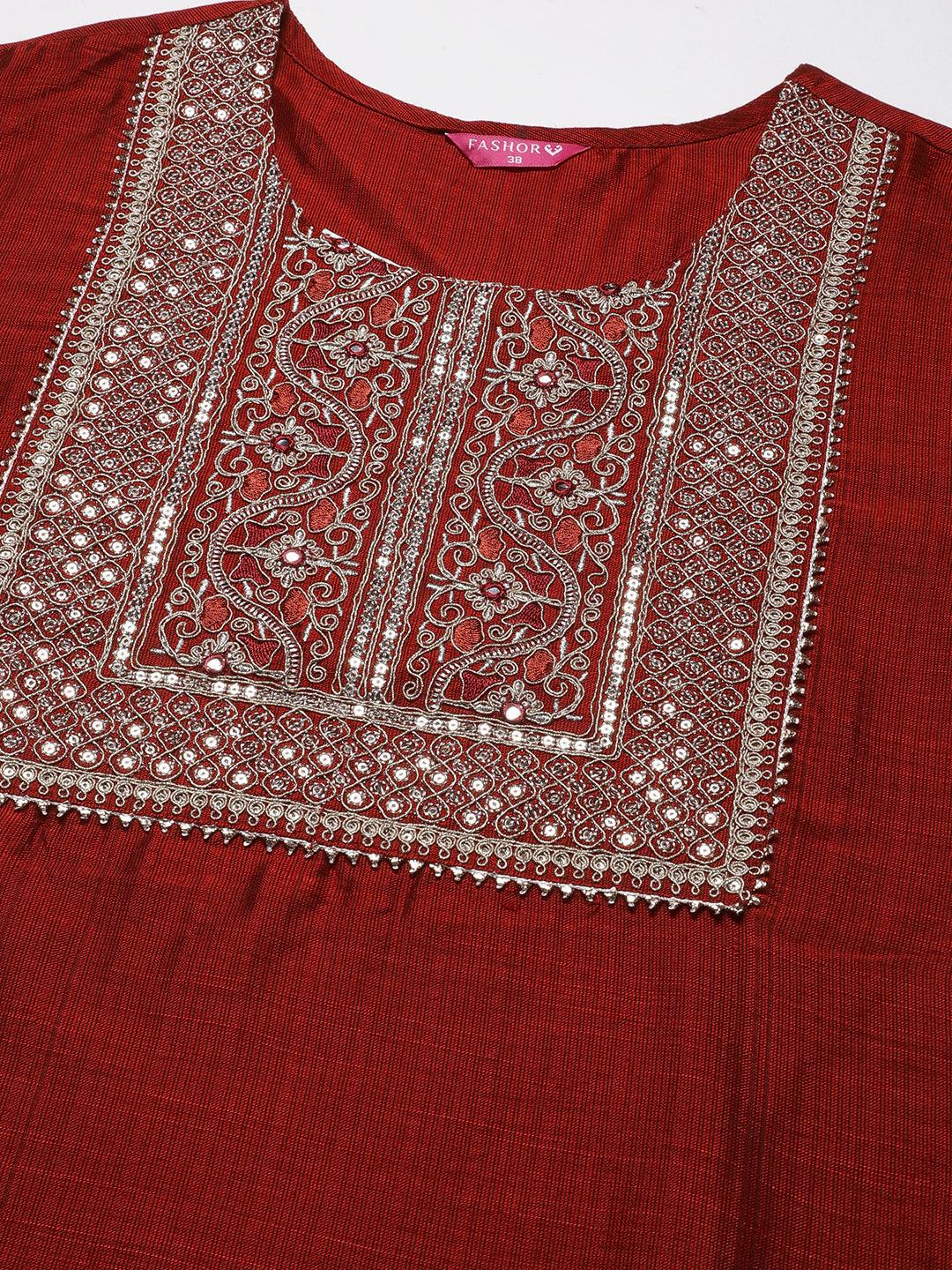 Solid Zari, Mirror & Sequins Embroidered Kurta - Red - Indiakreations