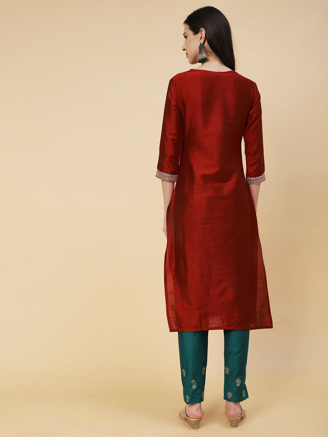 Solid Zari, Mirror & Sequins Embroidered Kurta - Red - Indiakreations