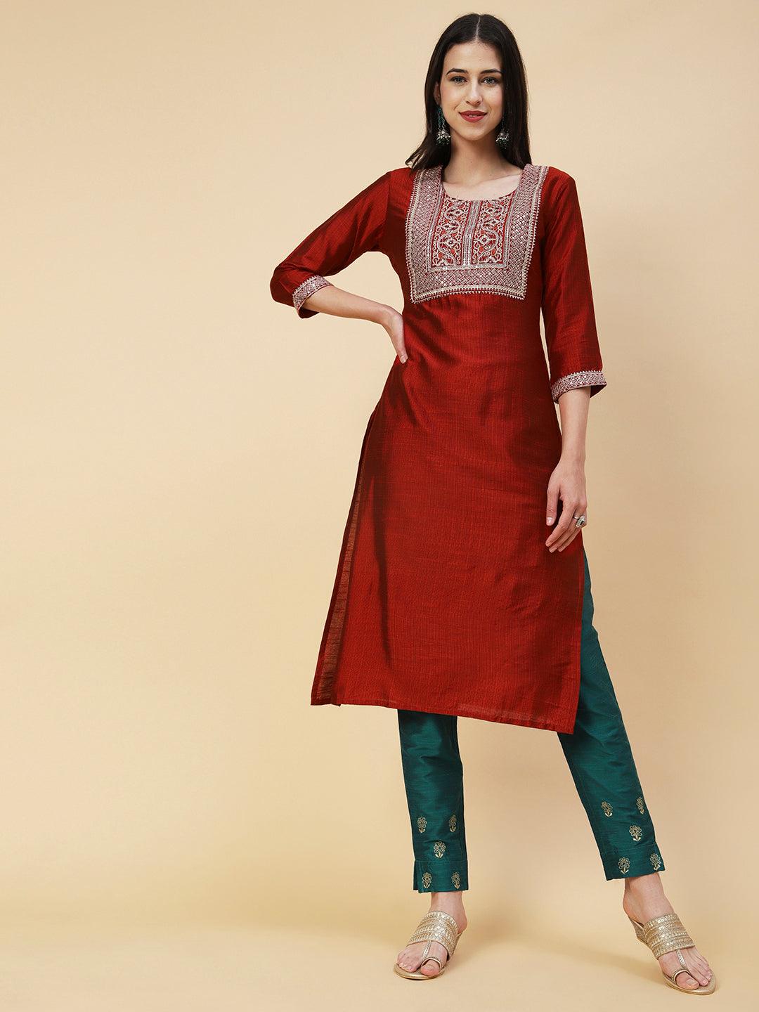 Solid Zari, Mirror & Sequins Embroidered Kurta - Red - Indiakreations