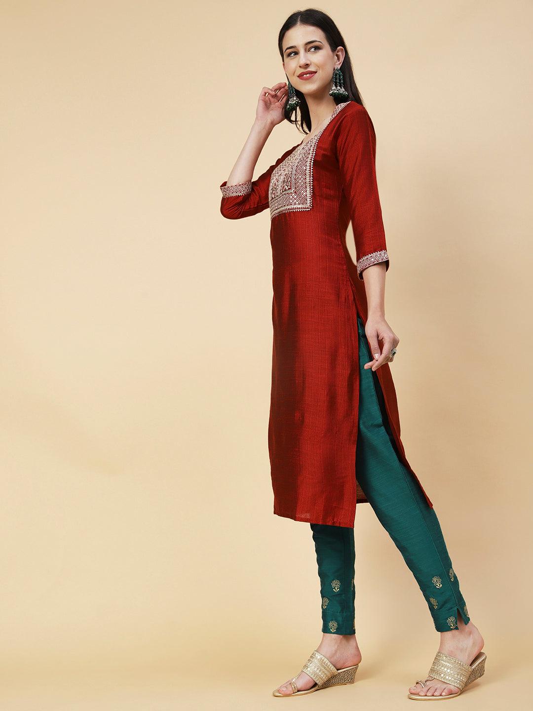 Solid Zari, Mirror & Sequins Embroidered Kurta - Red - Indiakreations