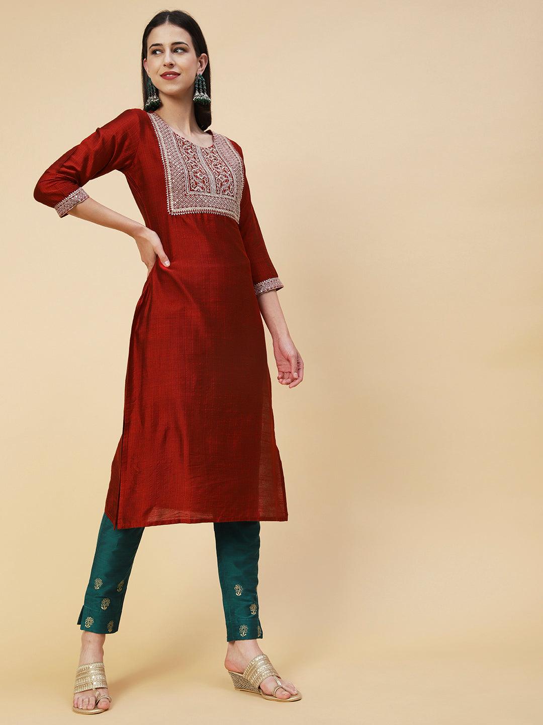 Solid Zari, Mirror & Sequins Embroidered Kurta - Red - Indiakreations