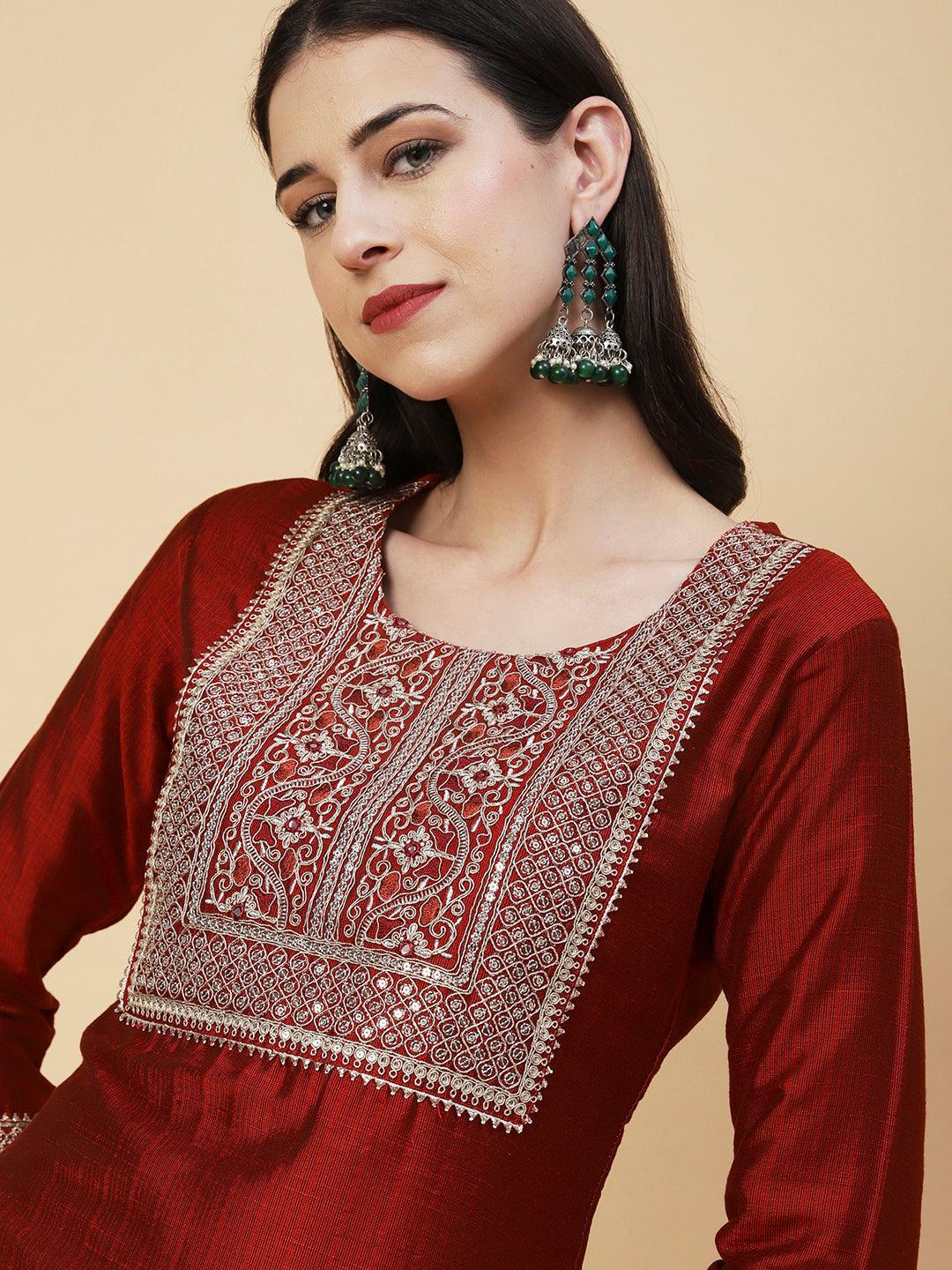 Solid Zari, Mirror & Sequins Embroidered Kurta - Red - Indiakreations