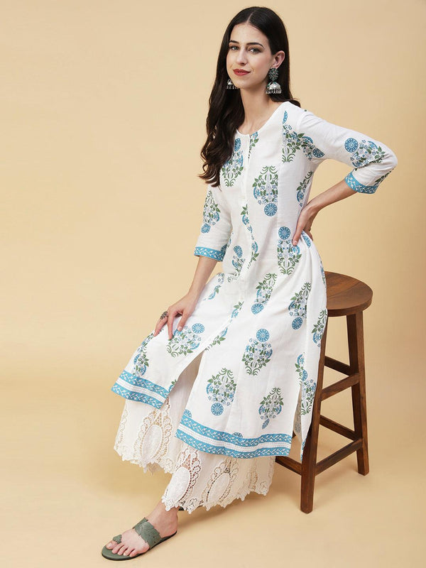 Ethnic Floral Boota Printed A-Line Paneled Kurta - White - Indiakreations