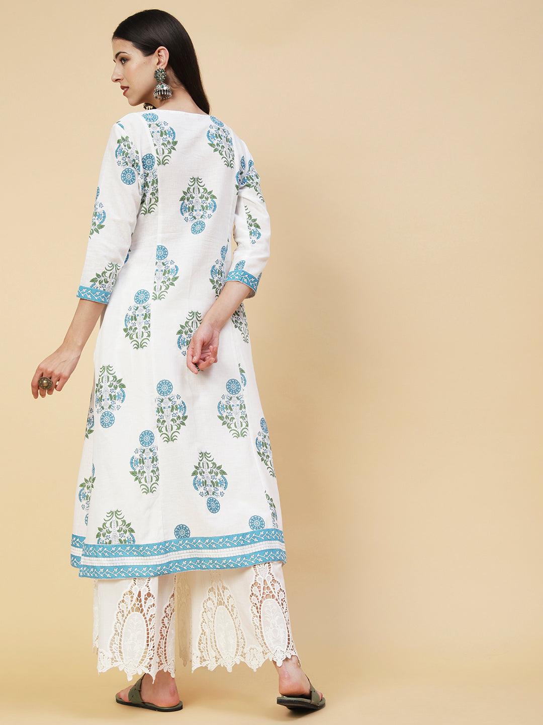 Ethnic Floral Boota Printed A-Line Paneled Kurta - White - Indiakreations