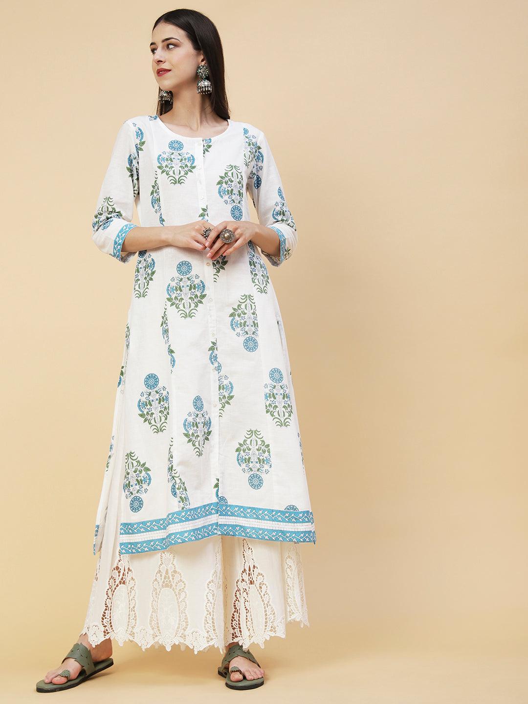 Ethnic Floral Boota Printed A-Line Paneled Kurta - White - Indiakreations