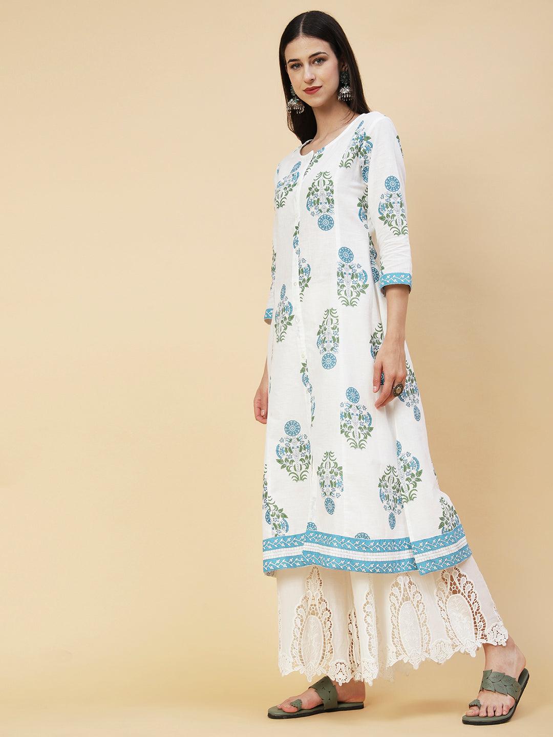 Ethnic Floral Boota Printed A-Line Paneled Kurta - White - Indiakreations