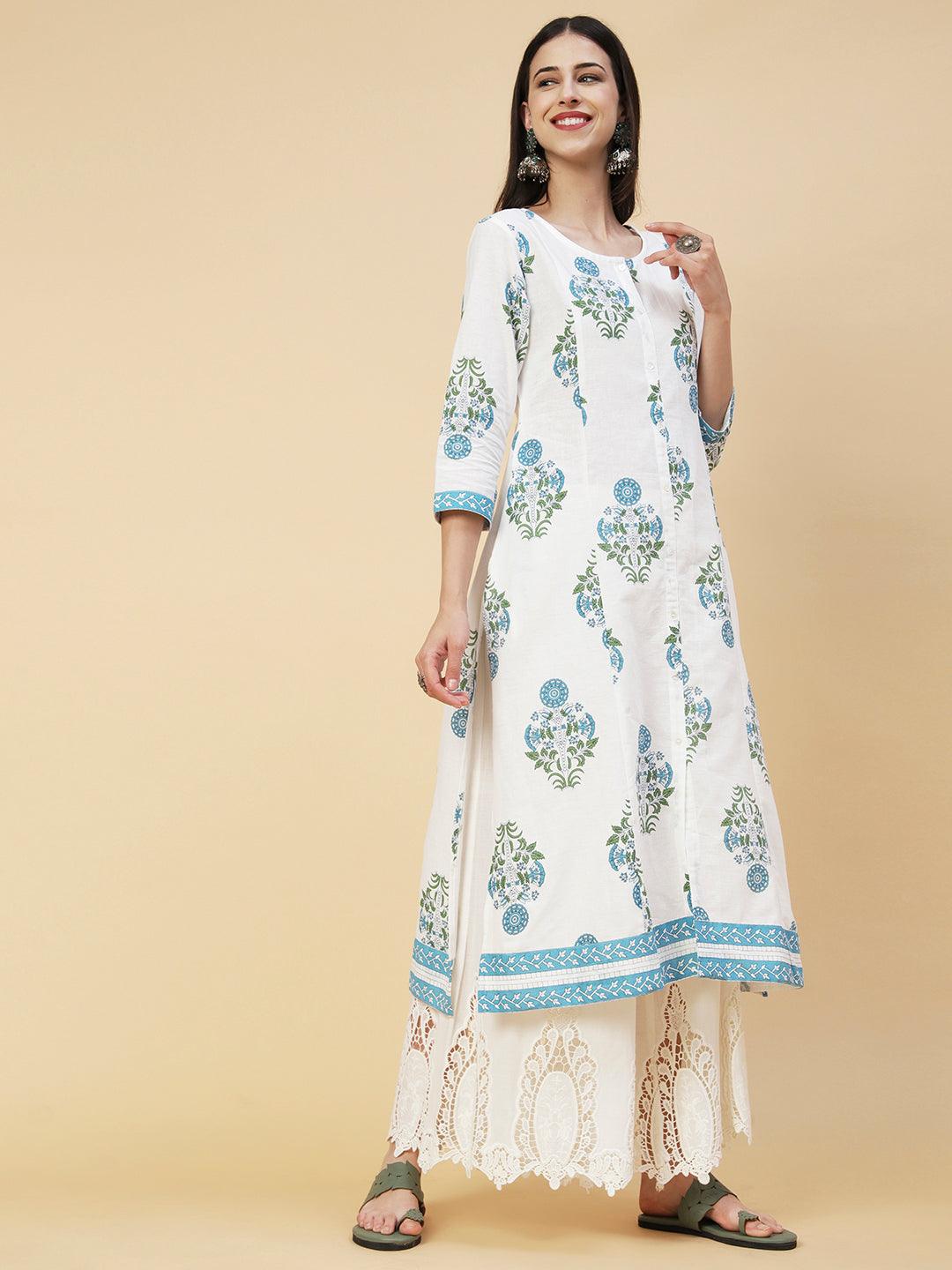 Ethnic Floral Boota Printed A-Line Paneled Kurta - White - Indiakreations