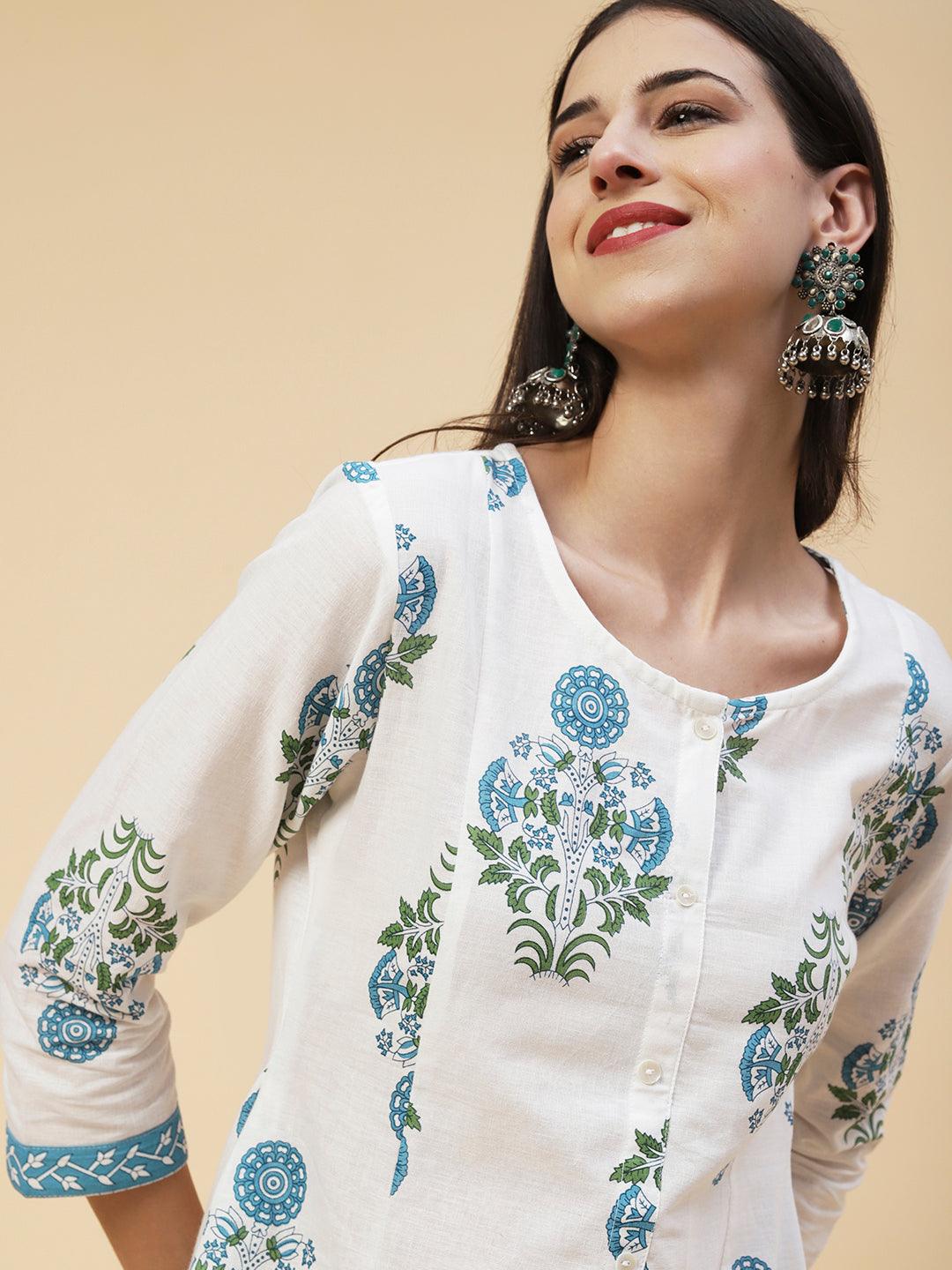 Ethnic Floral Boota Printed A-Line Paneled Kurta - White - Indiakreations