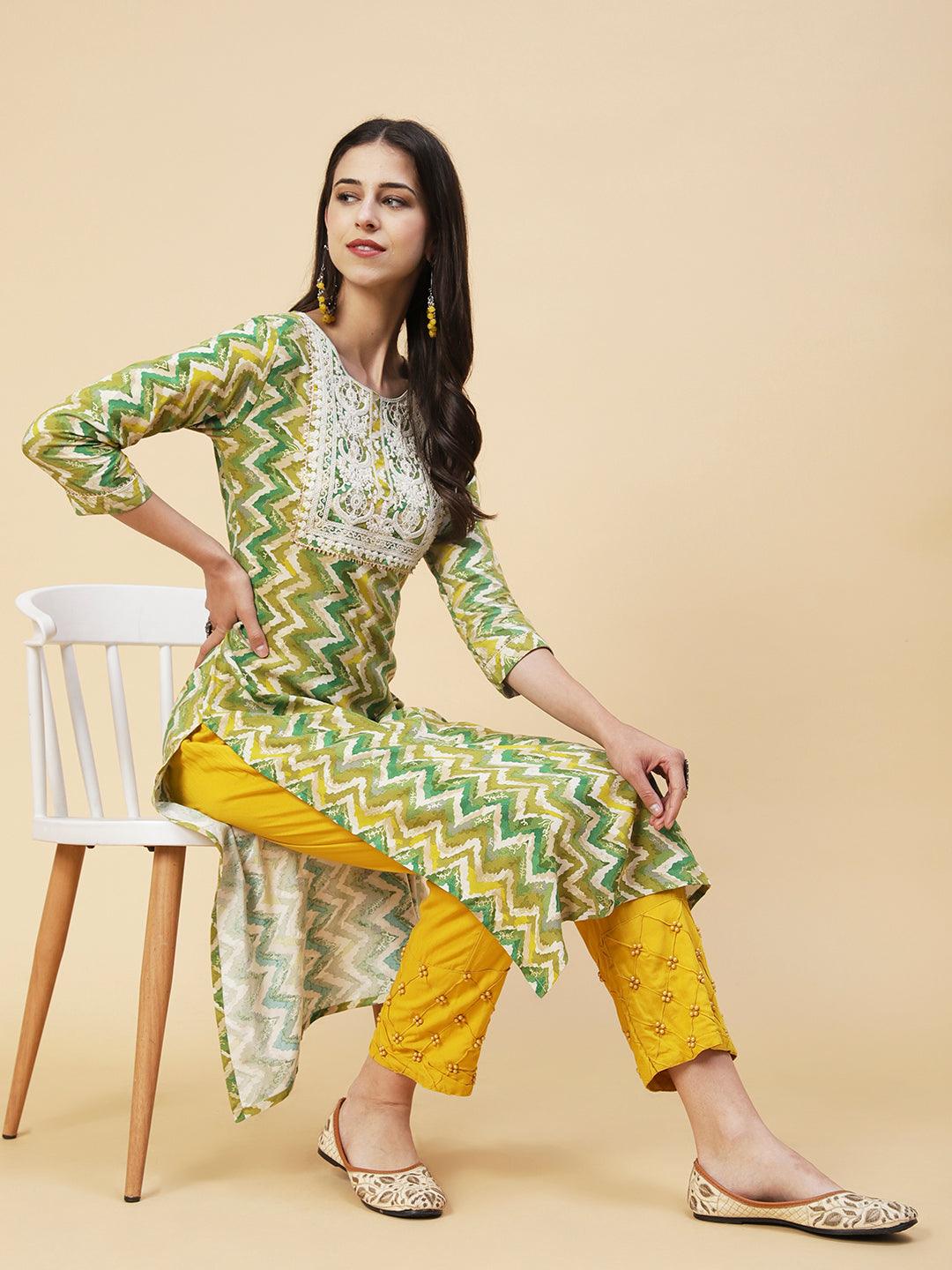 Chevron Printed Resham Dori & Sequins Embroidered Kurta - Green - Indiakreations