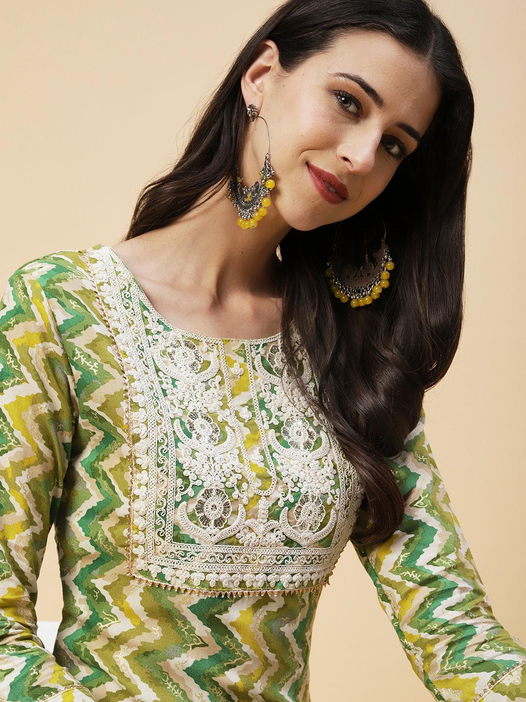 Chevron Printed Resham Dori & Sequins Embroidered Kurta - Green - Indiakreations