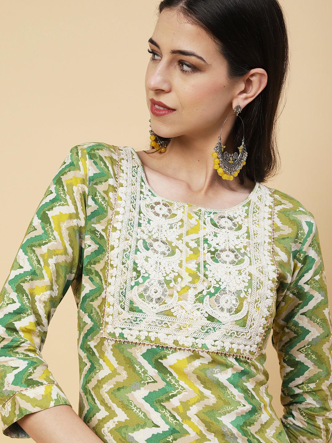 Chevron Printed Resham Dori & Sequins Embroidered Kurta - Green - Indiakreations