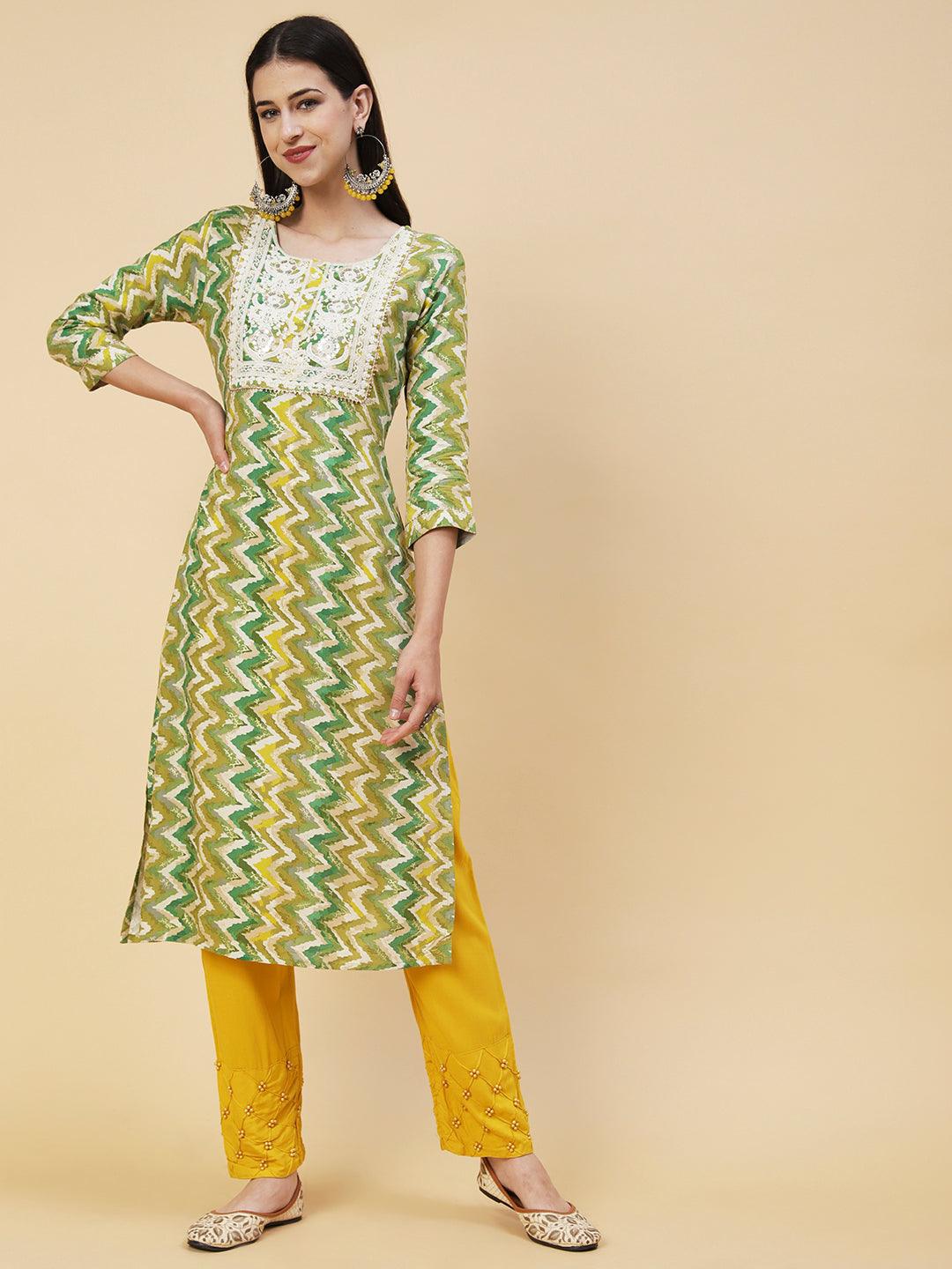 Chevron Printed Resham Dori & Sequins Embroidered Kurta - Green - Indiakreations