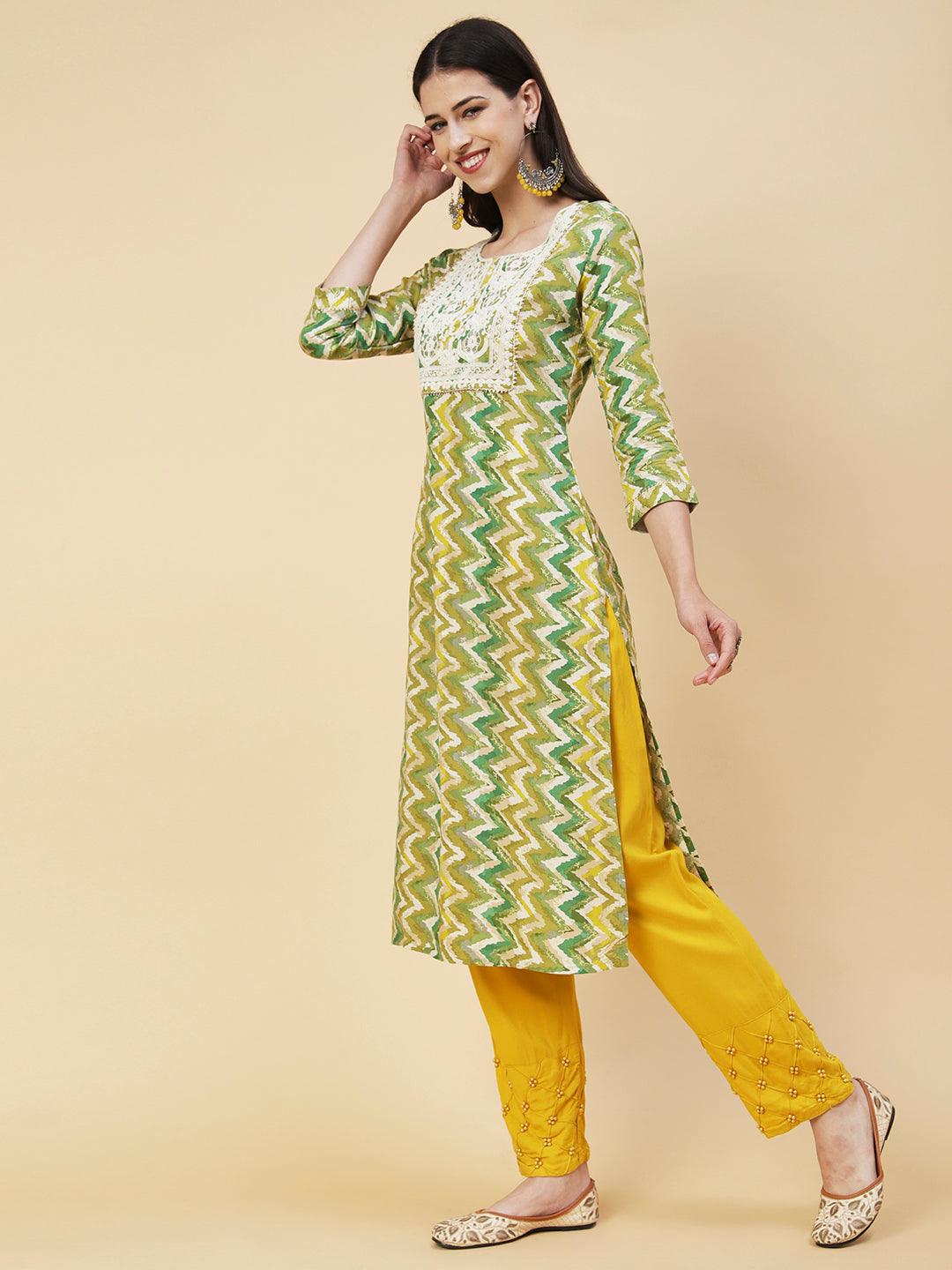 Chevron Printed Resham Dori & Sequins Embroidered Kurta - Green - Indiakreations