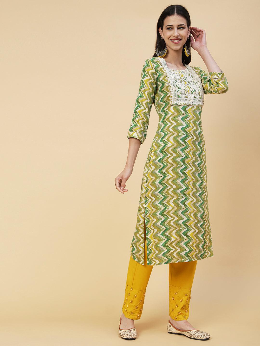 Chevron Printed Resham Dori & Sequins Embroidered Kurta - Green - Indiakreations