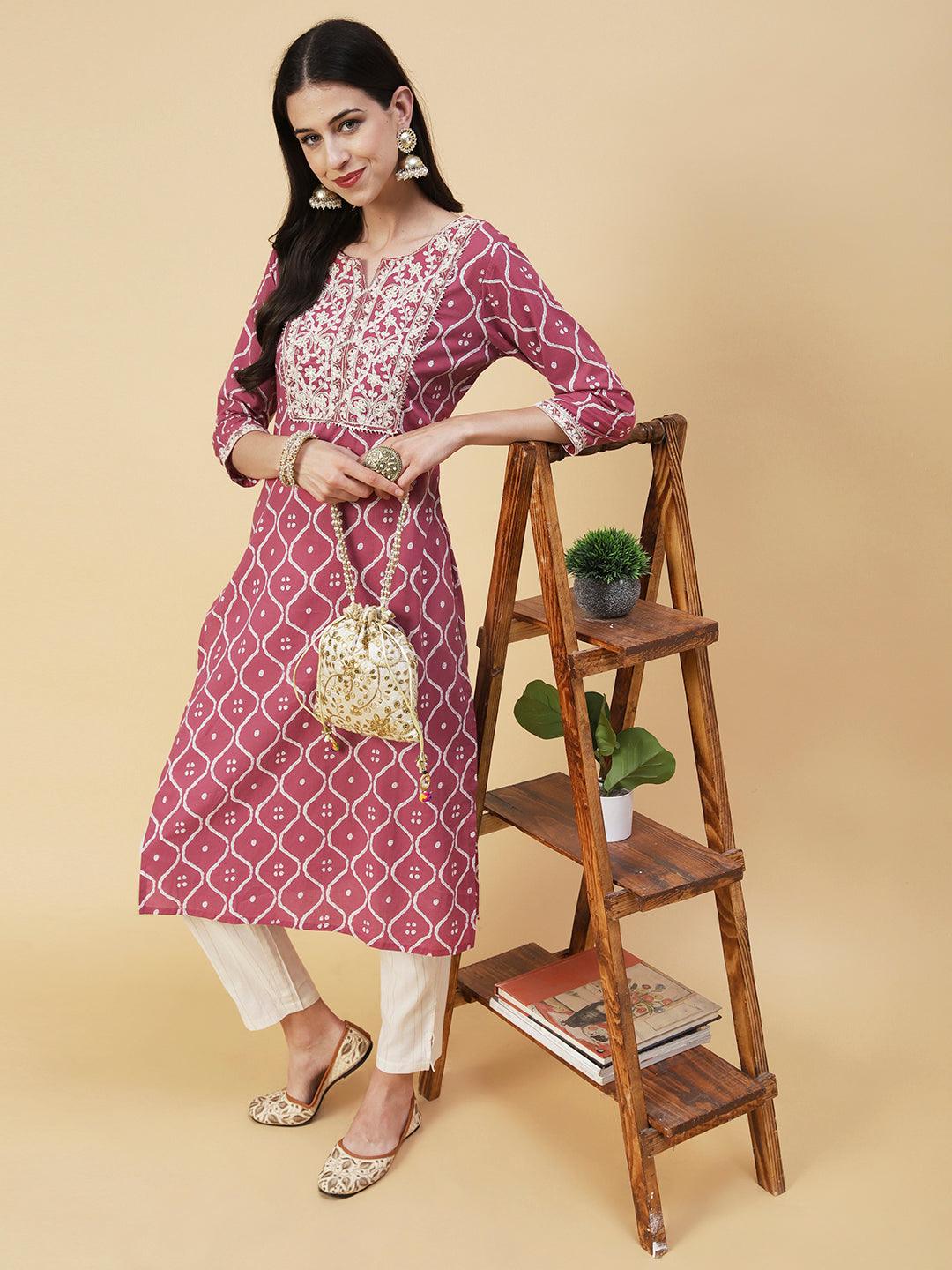 Abstract Printed Resham Dori & Zari Embroidered Kurta With Striped Pants - Amaranth Pink - Indiakreations