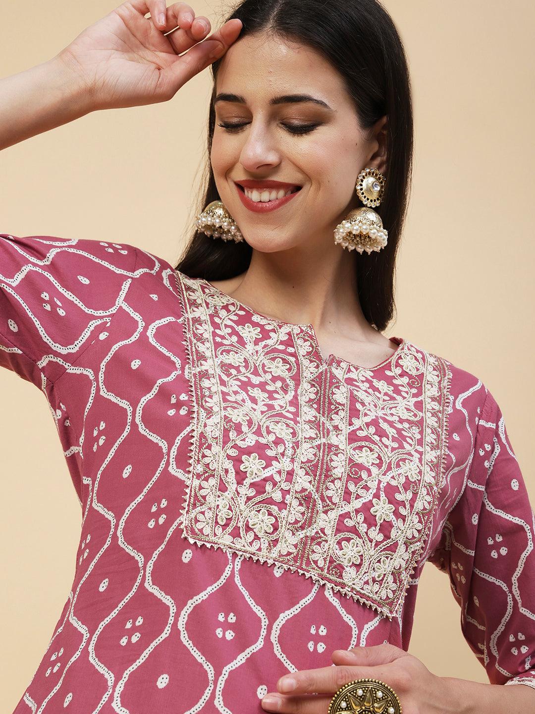 Abstract Printed Resham Dori & Zari Embroidered Kurta With Striped Pants - Amaranth Pink - Indiakreations