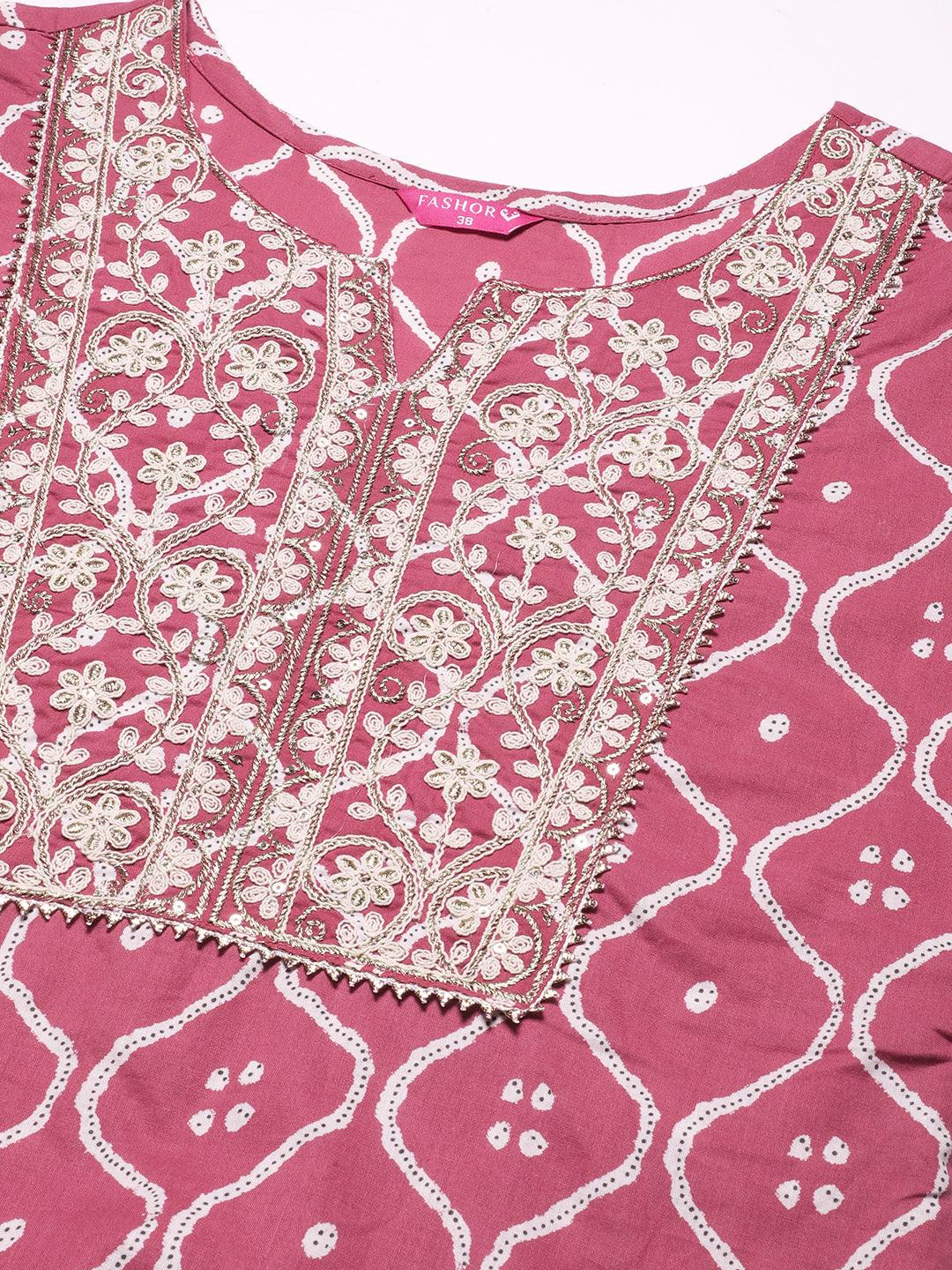 Abstract Printed Resham Dori & Zari Embroidered Kurta With Striped Pants - Amaranth Pink - Indiakreations