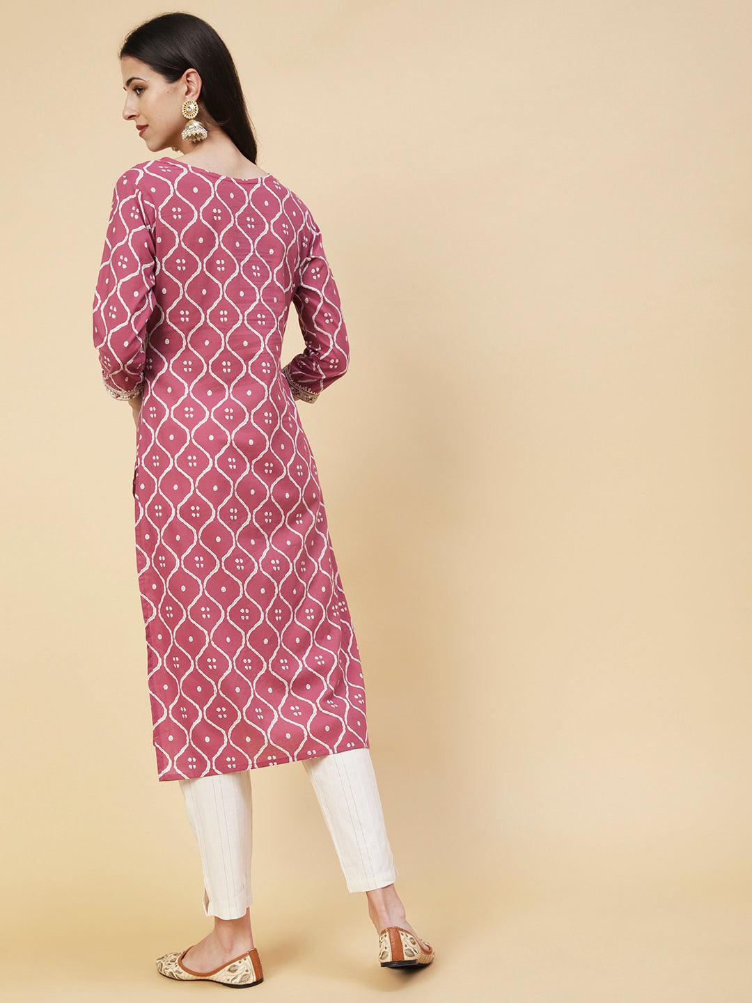 Abstract Printed Resham Dori & Zari Embroidered Kurta With Striped Pants - Amaranth Pink - Indiakreations