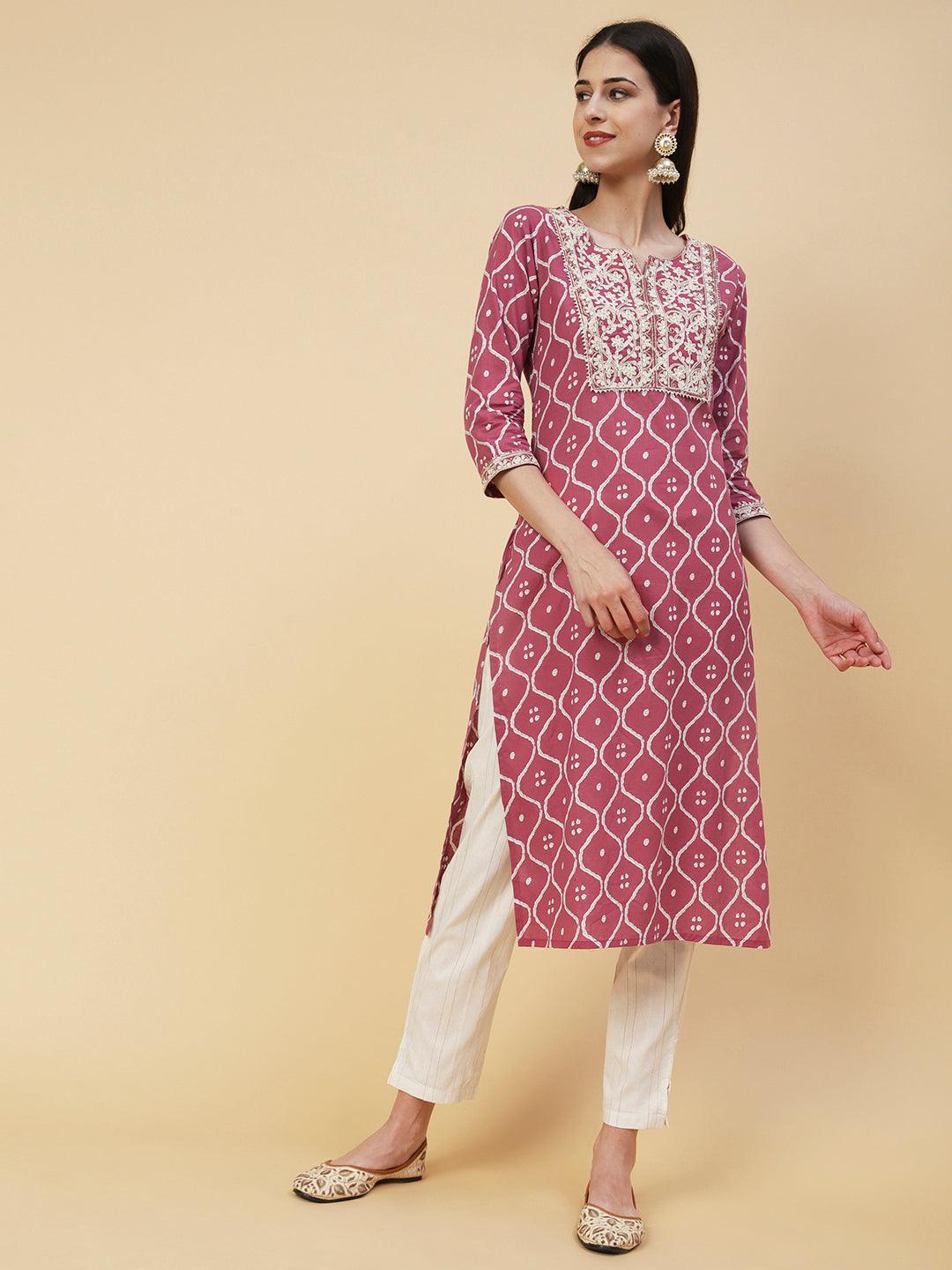 Abstract Printed Resham Dori & Zari Embroidered Kurta With Striped Pants - Amaranth Pink - Indiakreations