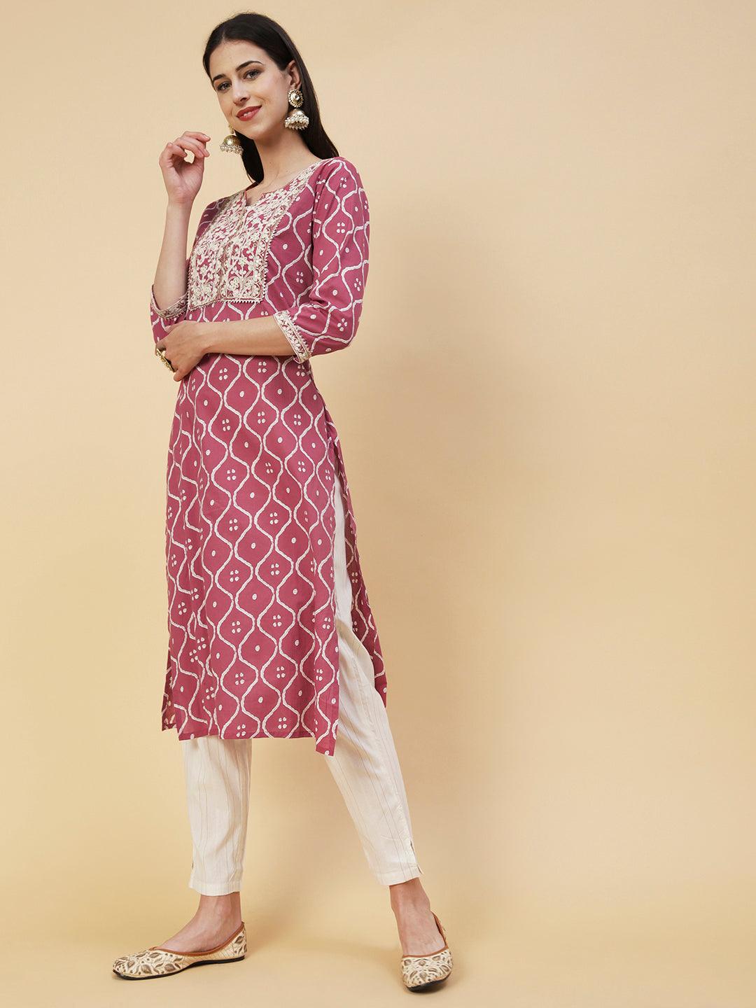 Abstract Printed Resham Dori & Zari Embroidered Kurta With Striped Pants - Amaranth Pink - Indiakreations