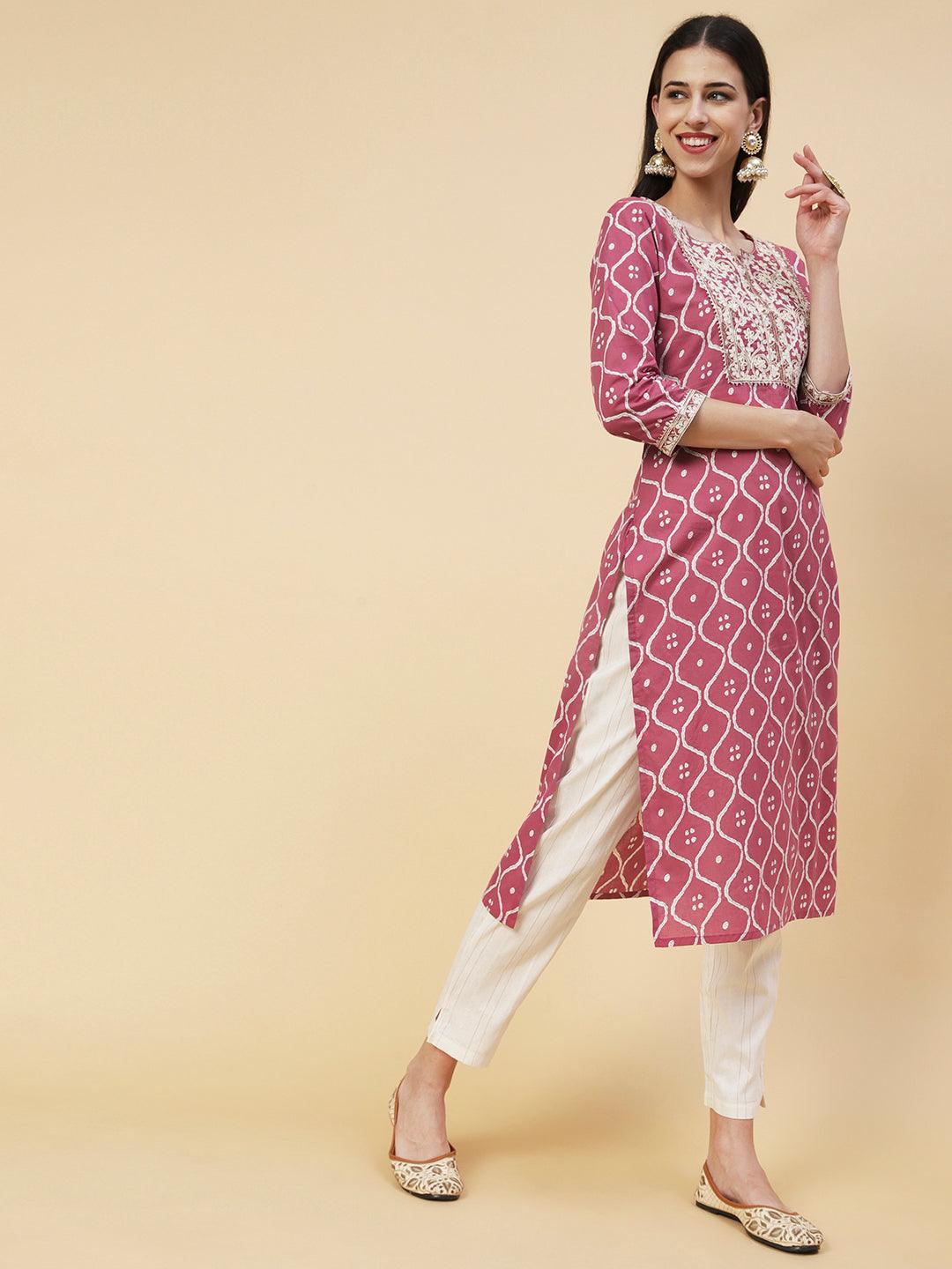 Abstract Printed Resham Dori & Zari Embroidered Kurta With Striped Pants - Amaranth Pink - Indiakreations