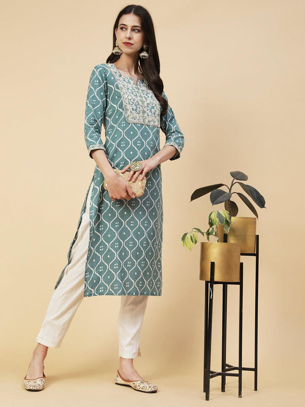 Abstract Printed Resham Dori & Zari Embroidered Kurta With Striped Pants - Green - Indiakreations