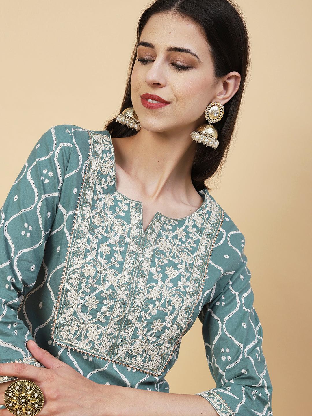 Abstract Printed Resham Dori & Zari Embroidered Kurta With Striped Pants - Green - Indiakreations