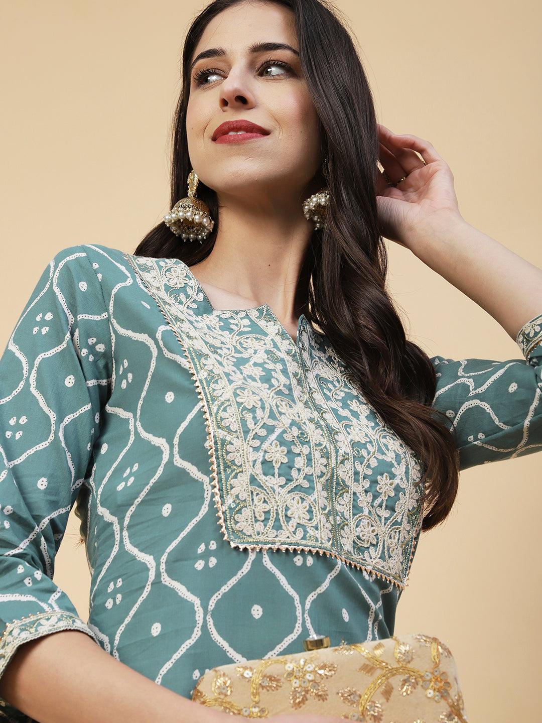 Abstract Printed Resham Dori & Zari Embroidered Kurta With Striped Pants - Green - Indiakreations