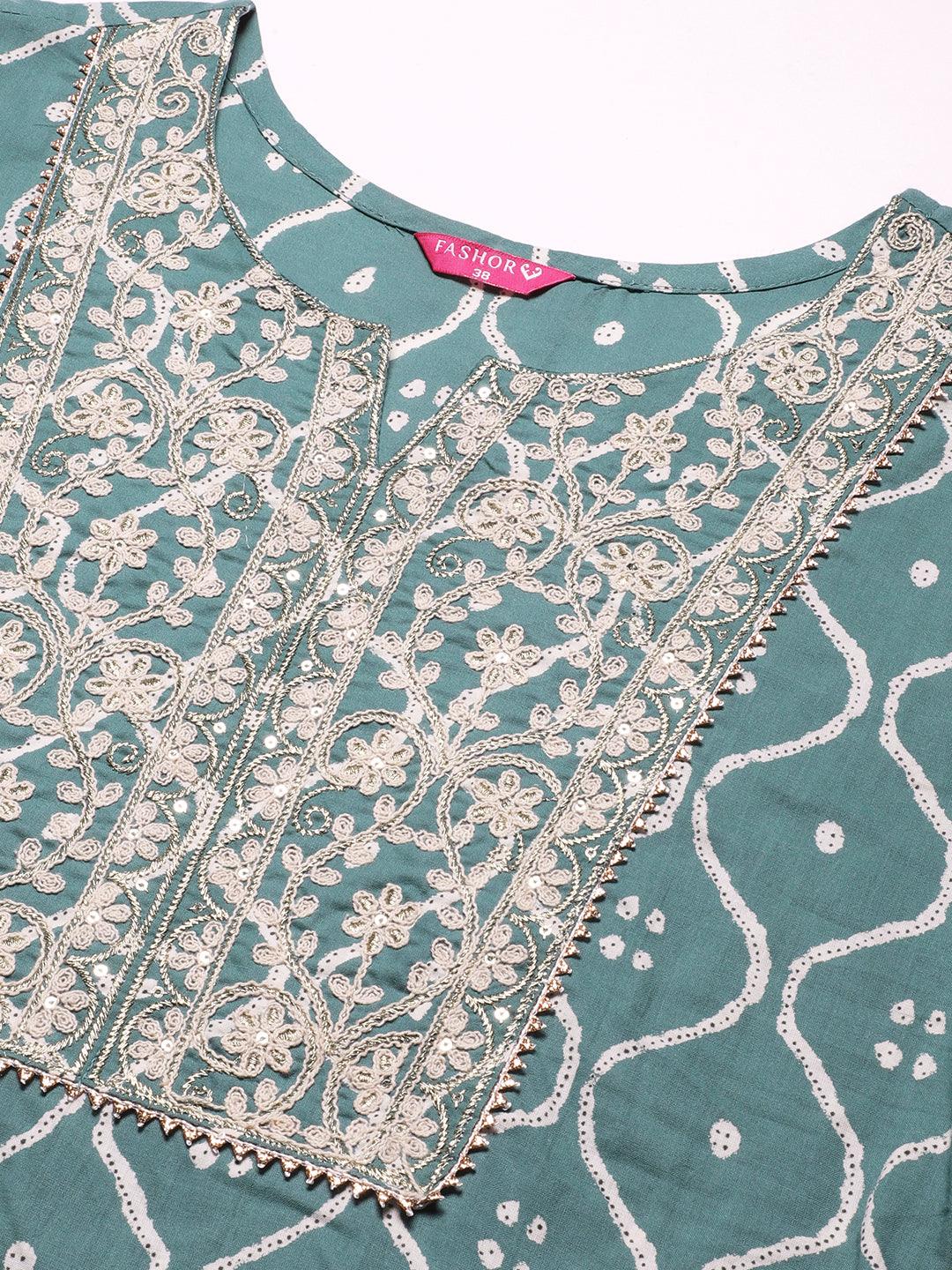 Abstract Printed Resham Dori & Zari Embroidered Kurta With Striped Pants - Green - Indiakreations