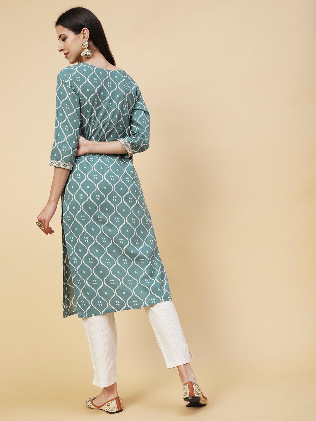 Abstract Printed Resham Dori & Zari Embroidered Kurta With Striped Pants - Green - Indiakreations