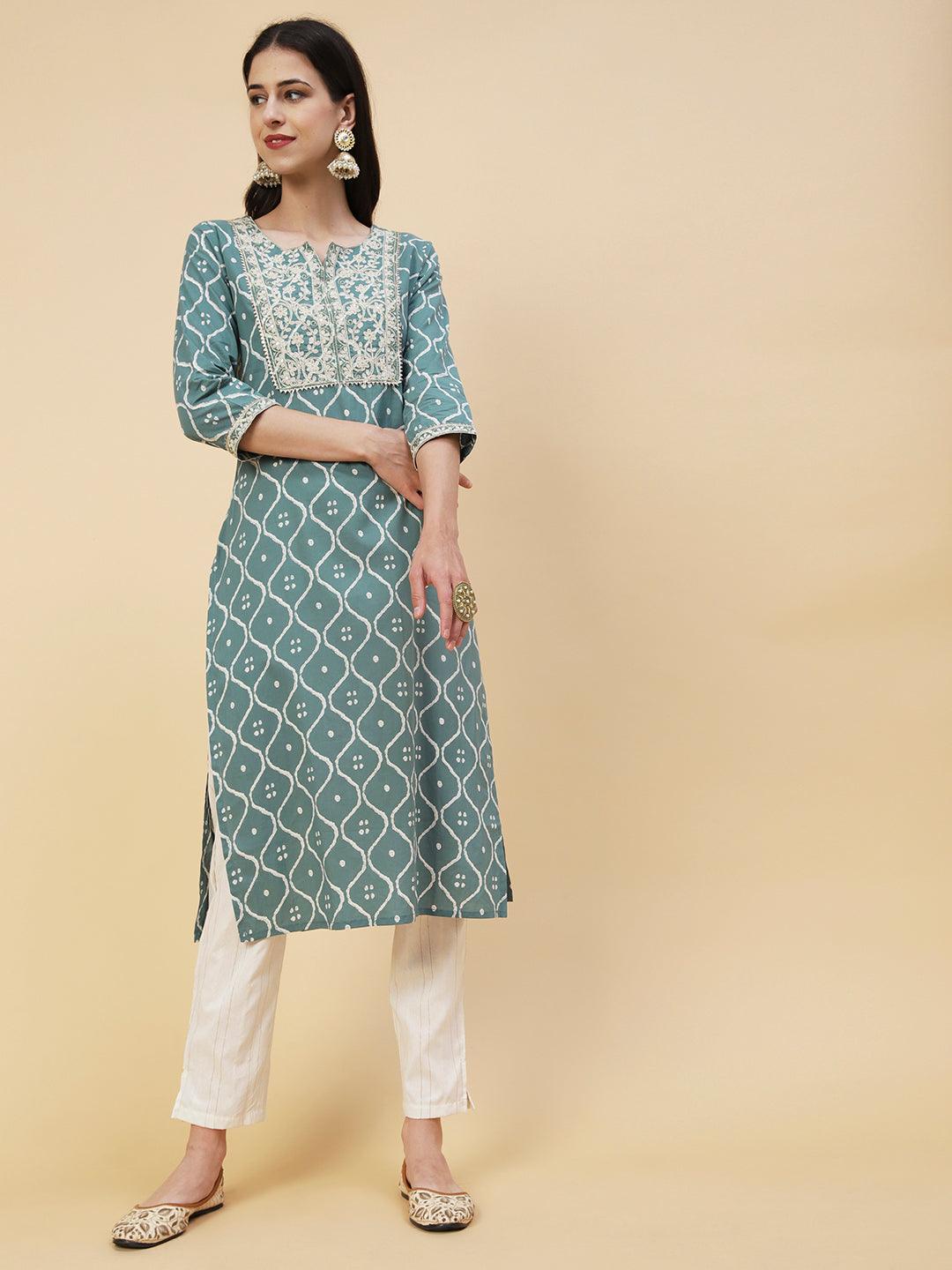 Abstract Printed Resham Dori & Zari Embroidered Kurta With Striped Pants - Green - Indiakreations