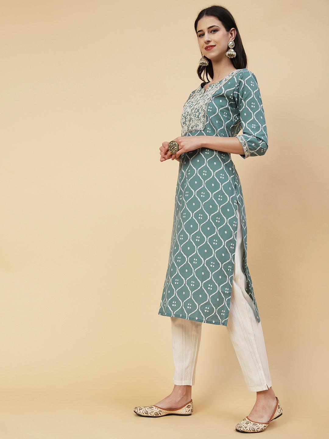 Abstract Printed Resham Dori & Zari Embroidered Kurta With Striped Pants - Green - Indiakreations