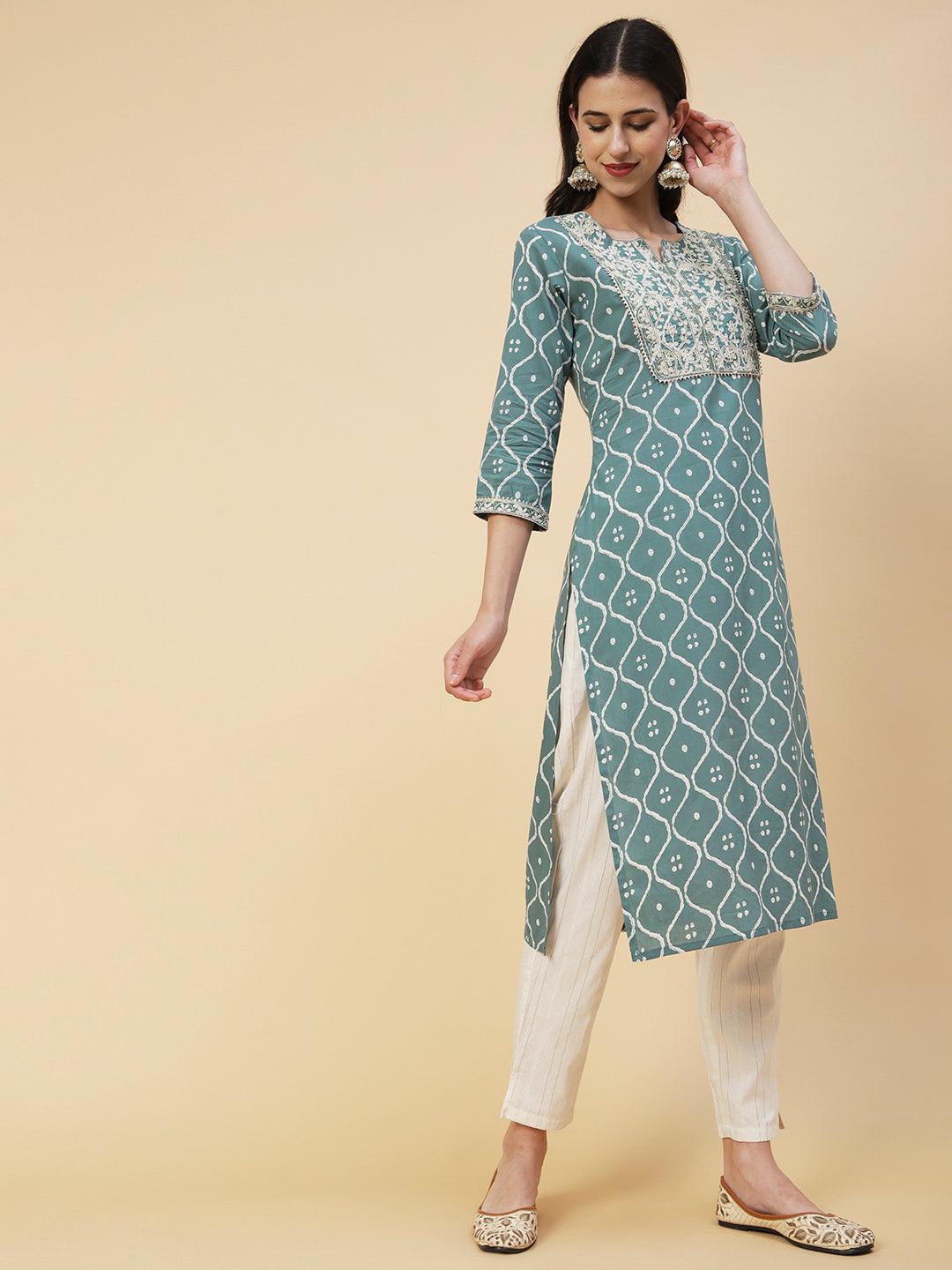 Abstract Printed Resham Dori & Zari Embroidered Kurta With Striped Pants - Green - Indiakreations