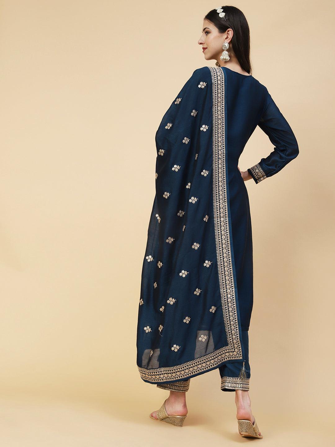 Ethnic Embroidered Straight Fit Kurta with Pant & Dupatta - Teal Blue - Indiakreations