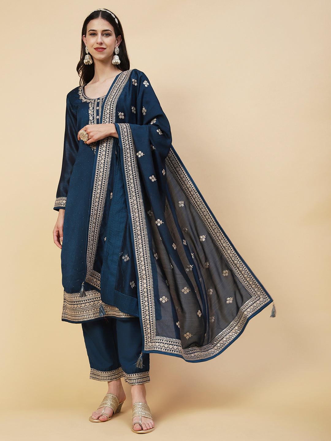 Ethnic Embroidered Straight Fit Kurta with Pant & Dupatta - Teal Blue - Indiakreations