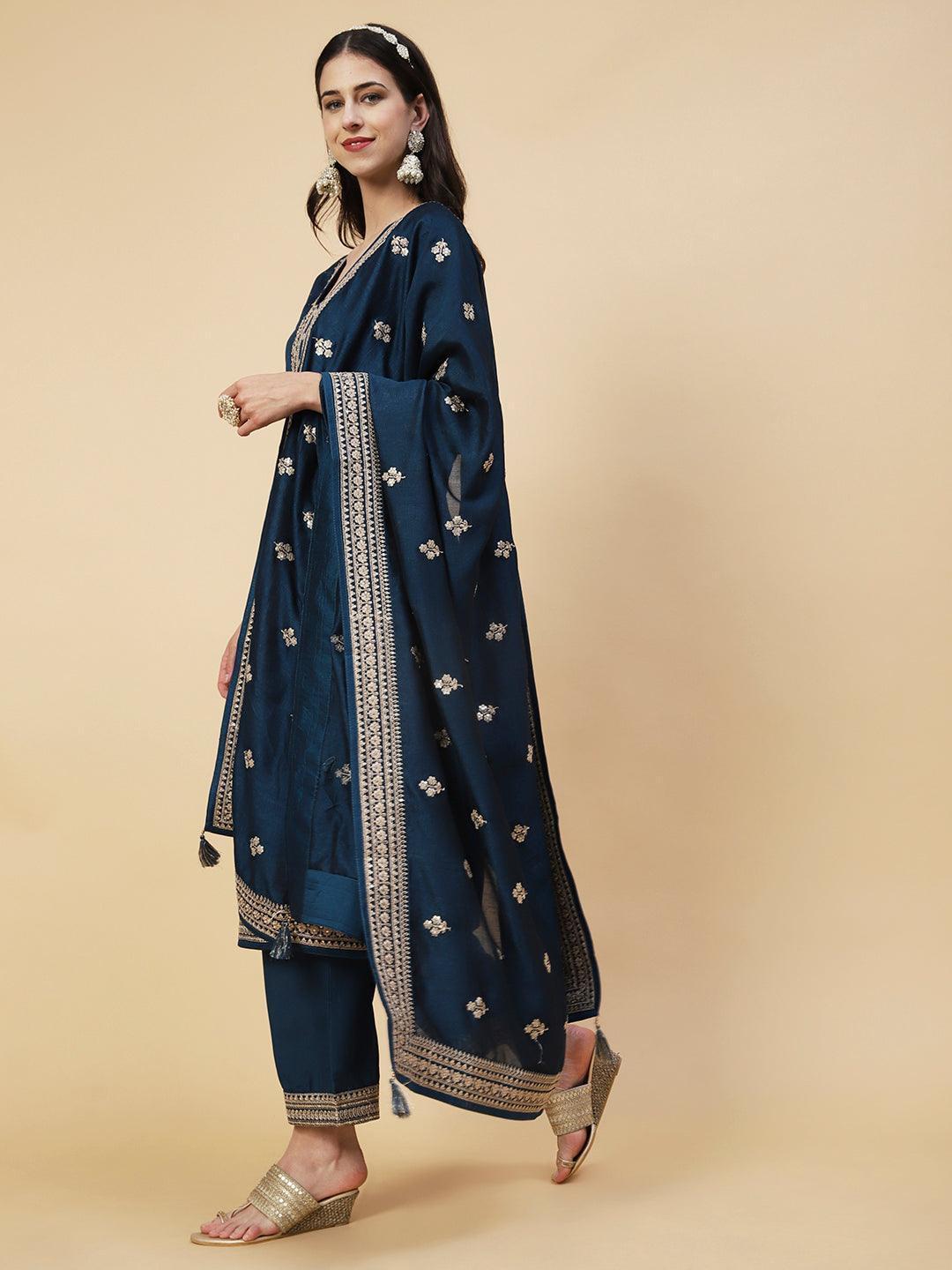 Ethnic Embroidered Straight Fit Kurta with Pant & Dupatta - Teal Blue - Indiakreations