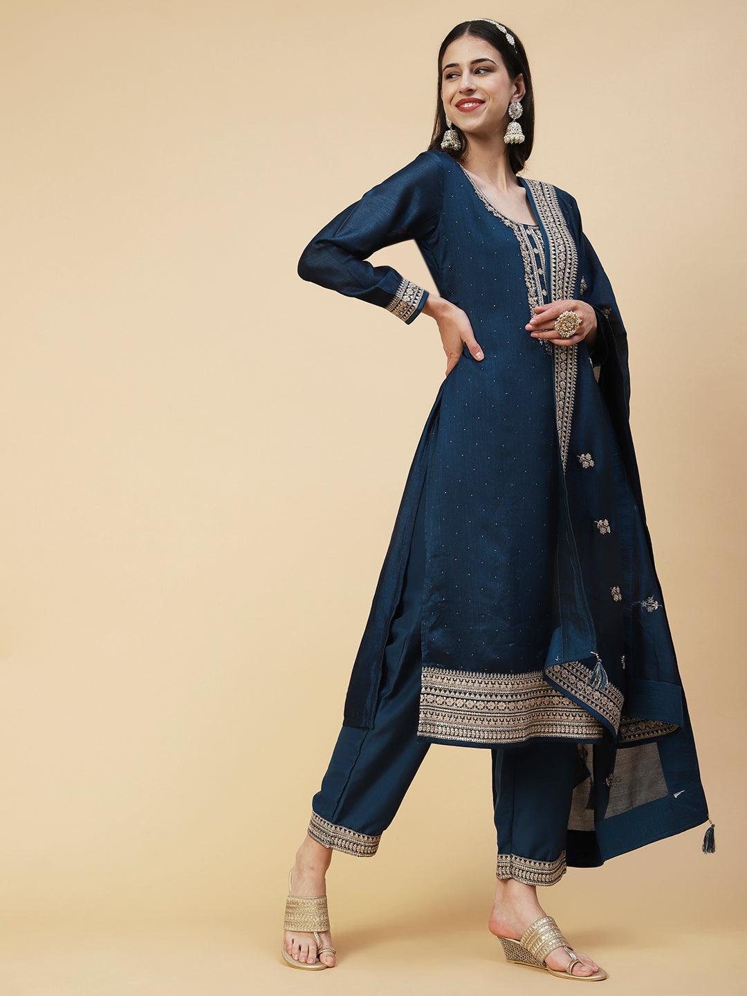 Ethnic Embroidered Straight Fit Kurta with Pant & Dupatta - Teal Blue - Indiakreations