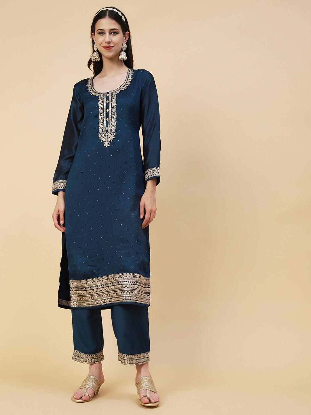 Ethnic Embroidered Straight Fit Kurta with Pant & Dupatta - Teal Blue - Indiakreations