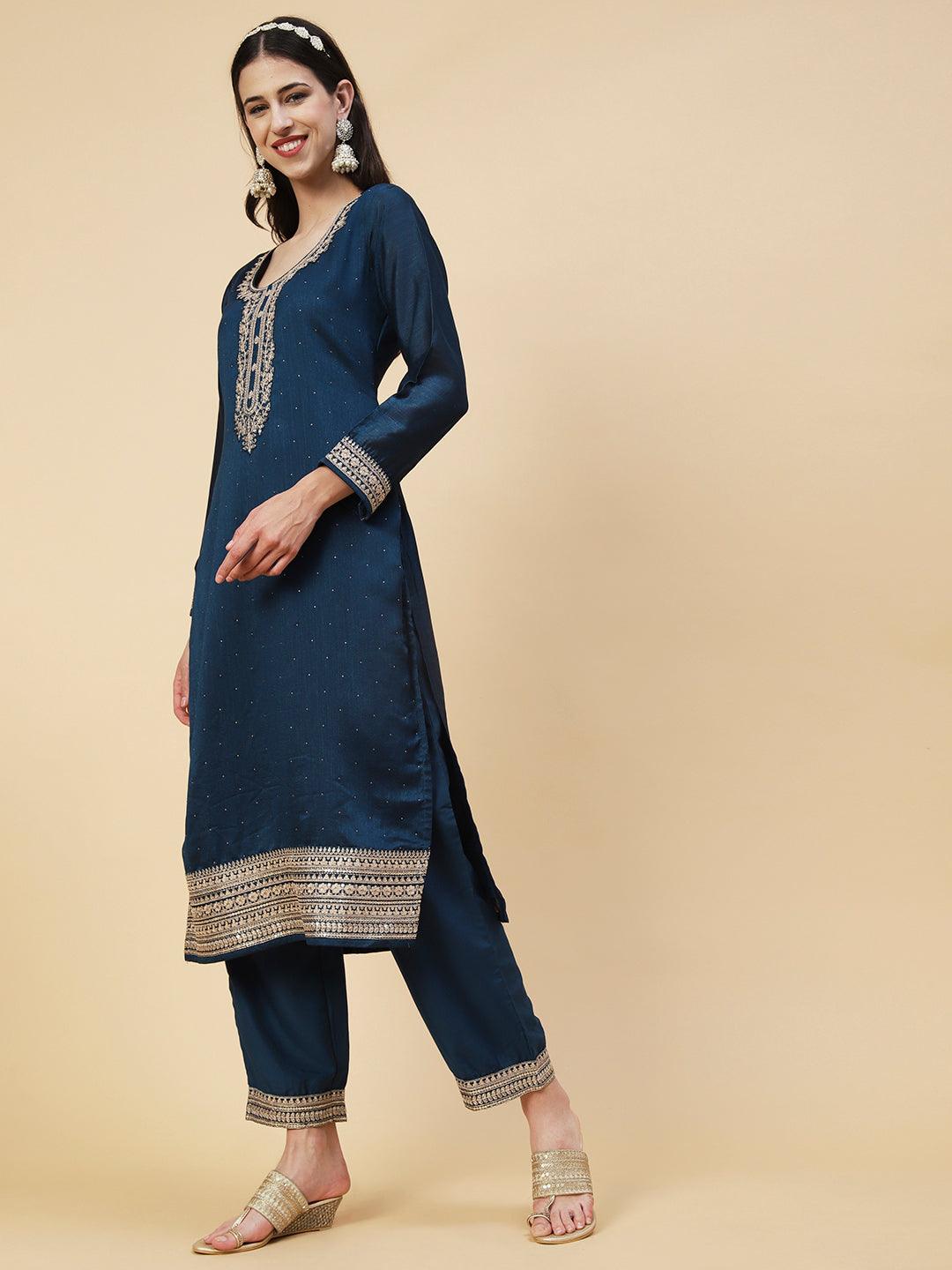 Ethnic Embroidered Straight Fit Kurta with Pant & Dupatta - Teal Blue - Indiakreations