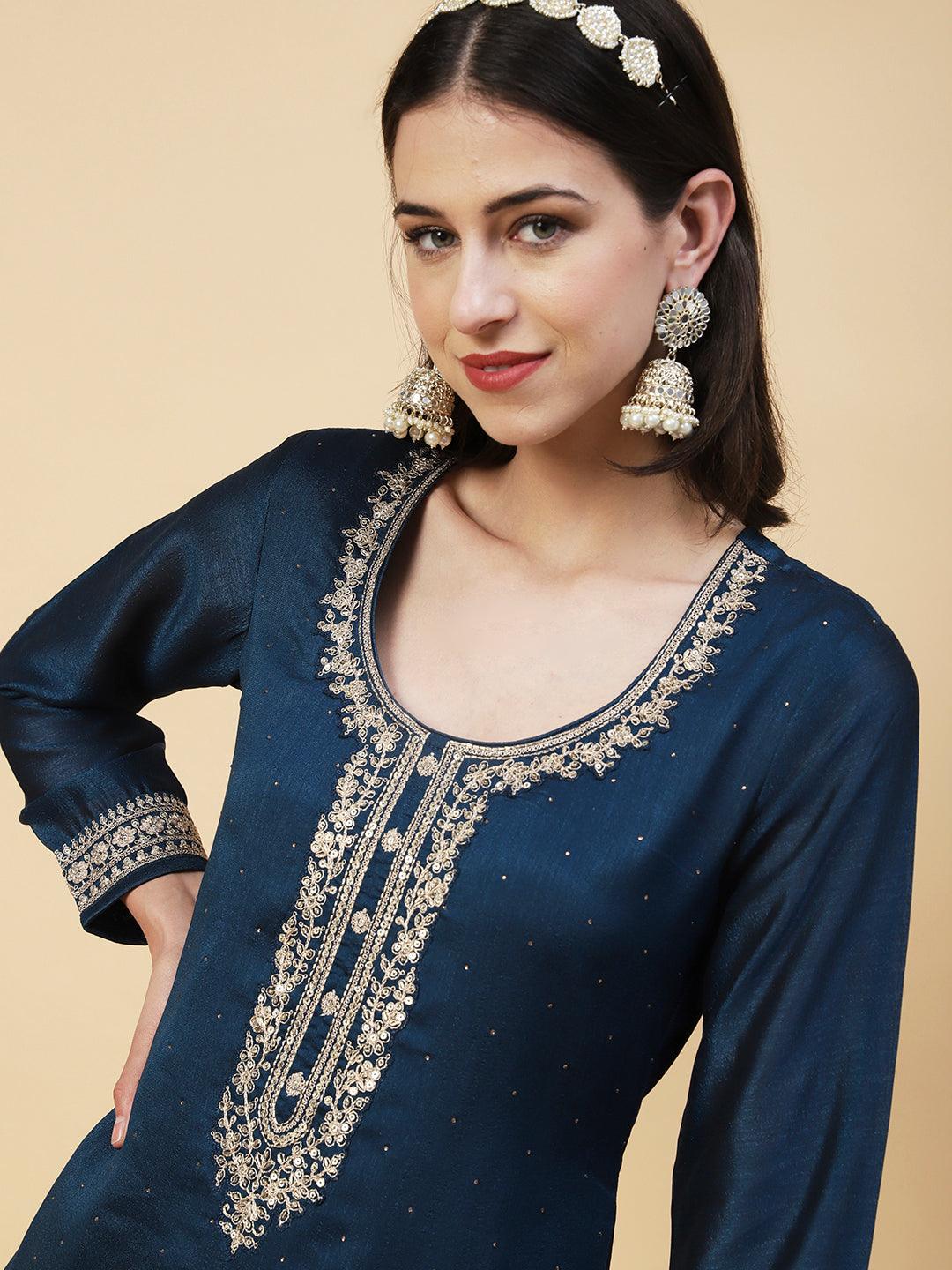 Ethnic Embroidered Straight Fit Kurta with Pant & Dupatta - Teal Blue - Indiakreations