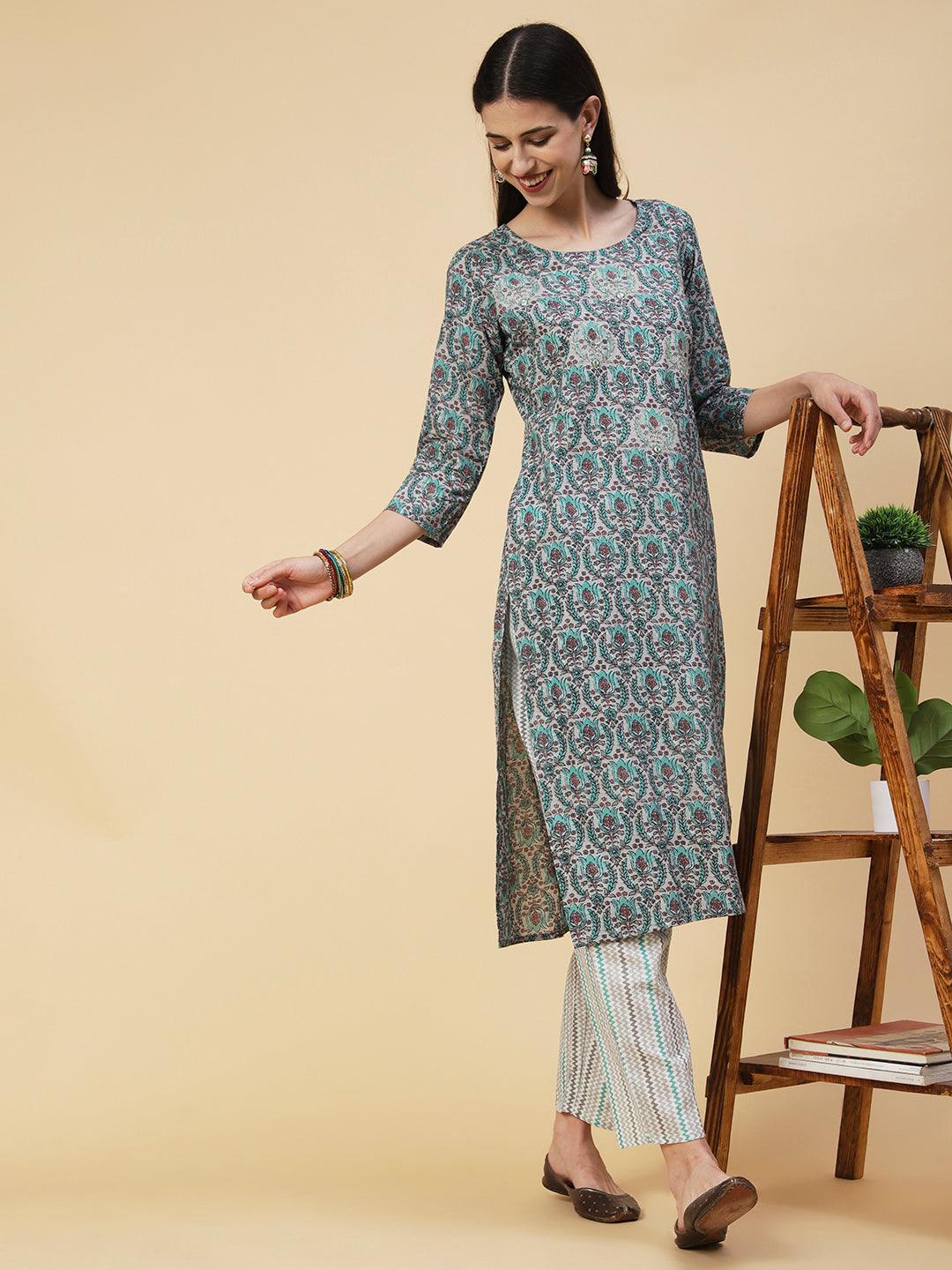 Ethnic Printed & Embroidered Straight Fit Kurta with Pant - Grey - Indiakreations