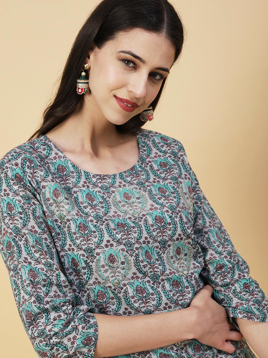 Ethnic Printed & Embroidered Straight Fit Kurta with Pant - Grey - Indiakreations