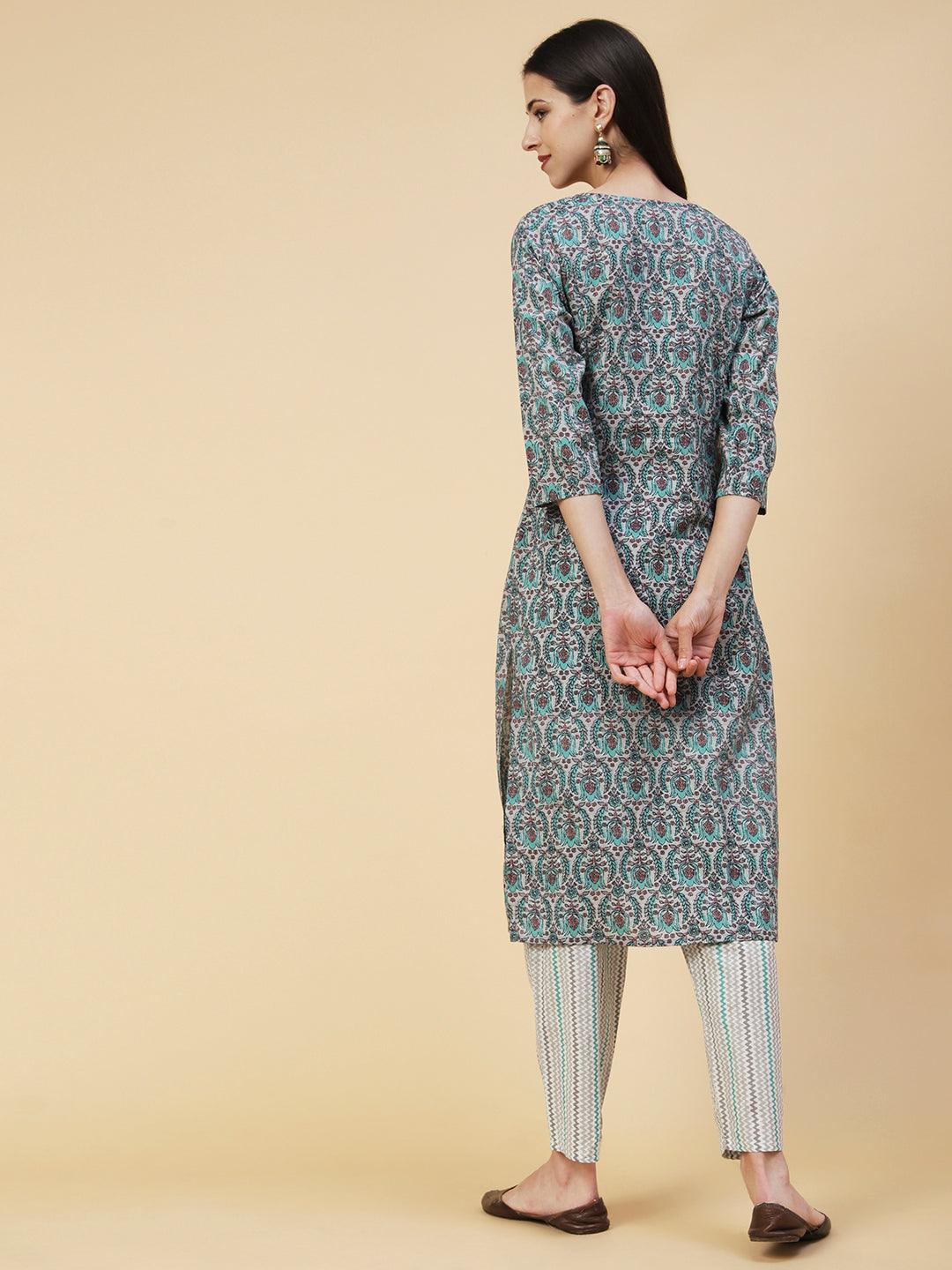 Ethnic Printed & Embroidered Straight Fit Kurta with Pant - Grey - Indiakreations